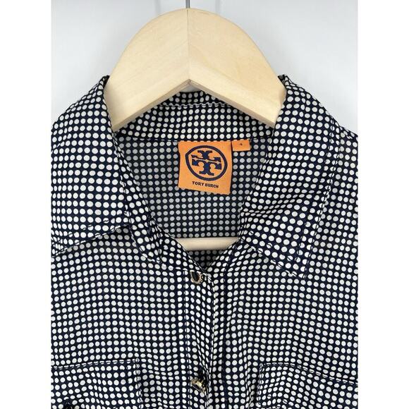 Tory Burch Blue Polka Dot Print Cotton Shirt Roll Tab Sleeve Size 4 - Picture 2 of 6